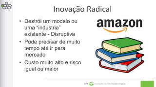 Inovação Radical 
GPE Inovação na Gestão Estratégica 
• Destrói um modelo ou 
uma “indústria” 
existente - Disruptiva 
• Pode precisar de muito 
tempo até ir para 
mercado 
• Custo muito alto e risco 
igual ou maior 
 
