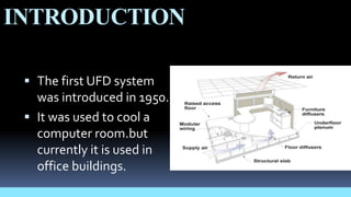 INTRODUCTION
 The first UFD system
was introduced in 1950.
 It was used to cool a
computer room.but
currently it is used in
office buildings.
 