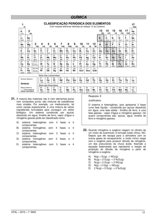 QUÍMICA
             1                                         CLASSIFICAÇÃO PERIÓDICA DOS ELEMENTOS                                                                                                                     17
                 IA                                               Com massas atômicas referidas ao isótopo 12 do Carbono                                                                                             VIIIA
         1                                                                                                                                                                                                       2
         H                2                                                                                                                              13          14         15         16         17         He
         1,01              IIA                                                                                                                                IIIA        IVA         VA        VIA       VIIA   4,00
         3            4                                                                                                                                  5           6          7          8          9          10
         Li           Be                                                                                                                                 B           C          N          O          F          Ne
         6,64         9,01                                                                                                                               10,8        12,0       14,0       16,0       19,0       20,2
         11           12                                                                                                                                 13          14         15         16         17         18
         Na           Mg             2           4          5          6          7           8              9       10           11          12         AI          Si         P          S          Cl         Ar
         23,0         24,3              IIIB         IvB         VB        VIB       VIIB        VIIIB        VIII         VIII          IB        IIB   27,0        28,1       31,0       32,1       35,5       39,9
         19           20           21           22         23         24         25         26           27          28           29          30         31          32         33         34         35         36
         K            Ca           Sc           Ti         V          Cr         Mn         Fe           Co          Ni           Cu          Zn         Ga          Ge         As         Se         Br         Kr
         39,1         40,1         45,0         47,9       50,9       52,0       54,9       55,8         58,9        58,7         63,5        65,4       69,7        72,6       74,9       79,0       79,9       83,8
         37           38           29           40         41         42         43         44           45          46           47          48         49          50         51         52         53         54
         Rb           Sr           Yr           Zr         Nb         Mo         Tc         Ru           Rh          Pd           Ag          Cd         In          Sn         Sb         Te         I          Xe
         85,5         87,6        88,9          91,2       92,9       96,0       (99)       101          103         106          108         112        115         119        122        128        127        131
         55           56          57-71         72         73         74         75         76           77          78           79          80         81          82         83         84         85         86
         Cs           Ba         Série dos
                                 Lantanídeos
                                                Hf         Ta         W          Re         Os           Ir          Pt           Au          Hg         TI          Pb         Bi         Po         At         Rn
         133          137                       179        181        184        186        190          192         195          197         201        204         207        209        (210)      (210)      (220)
         87           88          89-103        104        105        106        107        108          109         110          111         112
         Fr           Ra          Série dos
                                  Actinídeos
                                                Rf         Db         Sg         Bh         Hs           Mt          Uun          Uuu         Uub
         (223)        (226)
                                               Série dos Lantanídeos
                                                57         58         59         60         61           62          63           64          65         66          67         68         69         70         71
         Número Atômico
                                                La         Ce         Pr         Nd         Pm           Sm          Eu           Gd          Tb         Dy          Ho         Er         Tm         Yb         Lu
                                                139        140        141        144        (147)        150         152          157         159        163         165        167        169        173        175
         Símbolo
                                               Série dos Actinídeos
         Massa Atômica                          89         90         91         92         93           94          95           96          97         98          99         100        101        102        103
         ( ) = Nº de massa do                   Ac         Th         Pa         U          Np           Pu          Am           Cm          Bk         Cf          Es         Fm         Md         No         Lr
         isótopo mais estável
                                                (227)      232        (231       238        (237)        (242)       (243)        (247)       (247)      (251)       (254)      (253)      (256)      (253)      (257)

                                                                                                                                       Resposta: E
21. A maioria dos materiais não é nem elementos puros
    nem compostos puros; são misturas de substâncias                                                                                   Justificativa:
    mais simples. Por exemplo, um medicamento, tal                                                                                     O sistema é heterogêneo, pois apresenta 3 fases
    como xarope expectorante, é uma mistura de vários                                                                                  (uma fase líquida - constituída por açúcar dissolvido
    ingredientes formulados para conseguir um efeito                                                                                   em água; uma fase sólida - limalha de ferro; e uma
    biológico. Um sistema constituído por açúcar                                                                                       fase gasosa - vapor d’água e nitrogênio gasoso). Os
    dissolvido em água, limalha de ferro, vapor d’água e                                                                               quatro componentes são: açúcar, água, limalha de
    nitrogênio gasoso pode ser classificado como:                                                                                      ferro e nitrogênio gasoso.
    A)       sistema heterogêneo com 4                                           fases           e       3
             componentes.
    B)       sistema homogêneo com 4                                             fases           e       4
             componentes.                                                                                                    22. Quando nitrogênio e oxigênio reagem no cilindro de
    C)       sistema heterogêneo com 3                                           fases           e       3                             um motor de automóvel, é formado óxido nítrico, NO.
             componentes.                                                                                                              Depois que ele escapa para a atmosfera com os
    D)       sistema homogêneo com 3                                             fases           e       4                             outros gases do escapamento, o óxido nítrico reage
             componentes.                                                                                                              com o oxigênio para produzir dióxido de nitrogênio,
    E)       sistema heterogêneo com 3                                           fases           e       4                             um dos precursores da chuva ácida. Assinale a
             componentes.                                                                                                              equação balanceada que representa a reação de
                                                                                                                                       produção do dióxido de nitrogênio a partir de
                                                                                                                                       nitrogênio e oxigênio.
                                                                                                                                       A)       N(g) + O2(g) → NO2(g)
                                                                                                                                       B)       N2(g) + 2 O2(g) → 2 N2O2(g)
                                                                                                                                       C)       N2(g) + 2 O2(g) → 2 NO2(g)
                                                                                                                                       D)       N(g) + 2 O(g) → NO2(g)
                                                                                                                                       E)       2 N2(g) + 3 O2(g) → 2 N2O3(g)




UFAL – 2010 – 1° ANO                                                                                                                                                                                                         12
 