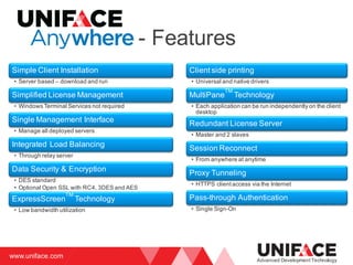 www.uniface.com
Advanced Development Technology
- Features
Simple Client Installation
• Server based – download and run
Simplified License Management
• Windows Terminal Services not required
Single Management Interface
• Manage all deployed servers
Integrated Load Balancing
• Through relay server
Data Security & Encryption
• DES standard
• Optional Open SSL with RC4, 3DES and AES
ExpressScreen
TM
Technology
• Low bandwidth utilization
Client side printing
• Universal and native drivers
MultiPane
TM
Technology
• Each application can be run independently on the client
desktop
Redundant License Server
• Master and 2 slaves
Session Reconnect
• From anywhere at anytime
Proxy Tunneling
• HTTPS clientaccess via the Internet
Pass-through Authentication
• Single Sign-On
 