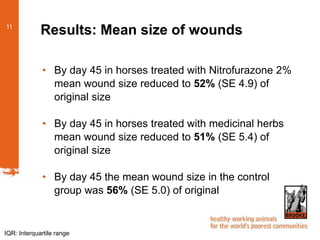 Results: Mean size of wounds11
• By day 45 in horses treated with Nitrofurazone 2%
mean wound size reduced to 52% (SE 4.9)...