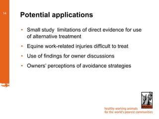 Potential applications
• Small study limitations of direct evidence for use
of alternative treatment
• Equine work-related...