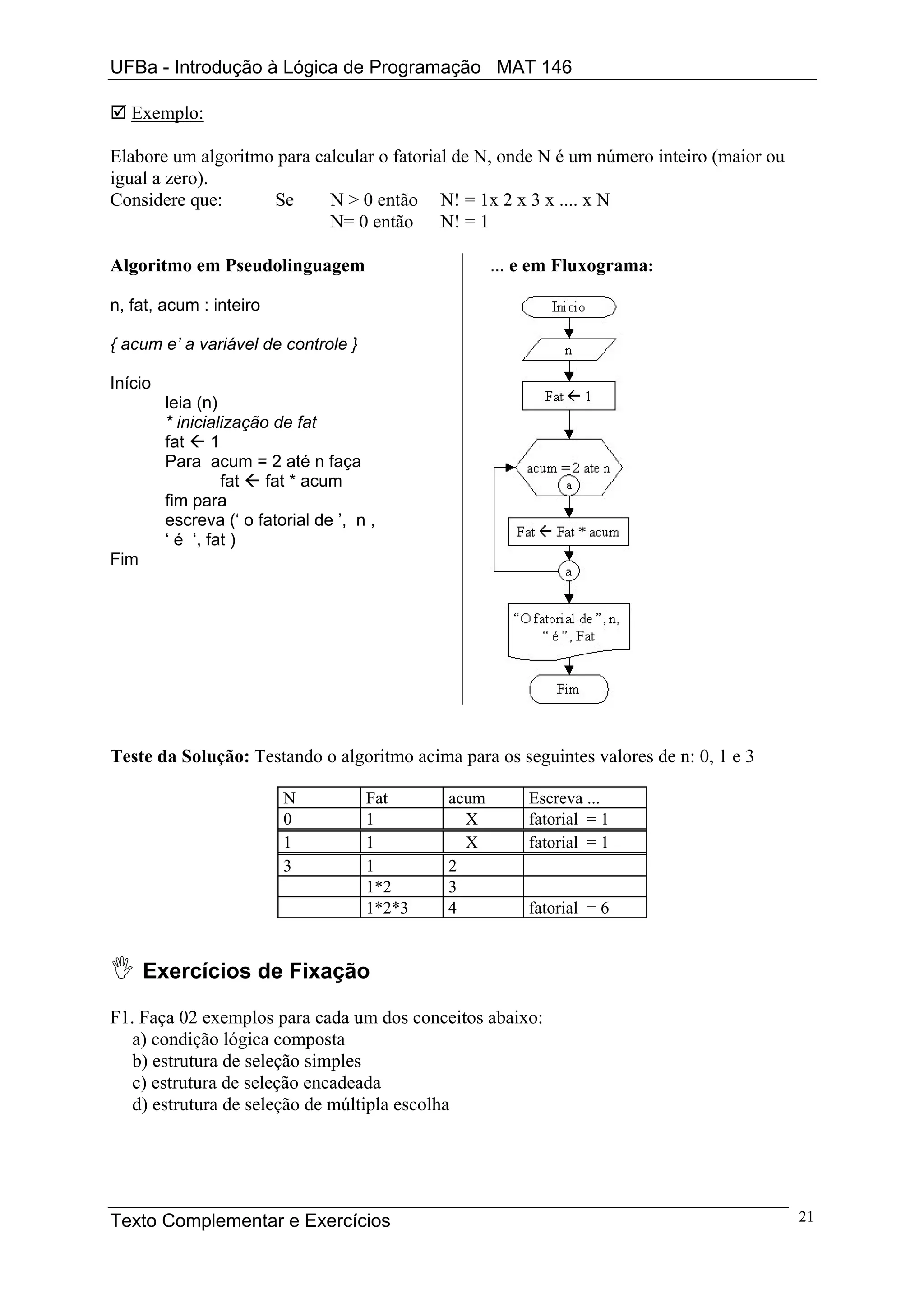 UFBa - Introdução à Lógica de Programação MAT 146

   Exemplo:

Elabore um algoritmo para calcular o fatorial de N, onde N é um número inteiro (maior ou
igual a zero).
Considere que:      Se      N > 0 então N! = 1x 2 x 3 x .... x N
                            N= 0 então N! = 1

Algoritmo em Pseudolinguagem                         ... e em Fluxograma:

n, fat, acum : inteiro

{ acum e’ a variável de controle }

Início
         leia (n)
         * inicialização de fat
         fat     1
         Para acum = 2 até n faça
                   fat  fat * acum
         fim para
         escreva (‘ o fatorial de ’, n ,
         ‘ é ‘, fat )
Fim




Teste da Solução: Testando o algoritmo acima para os seguintes valores de n: 0, 1 e 3

                          N           Fat     acum       Escreva ...
                          0           1         X        fatorial = 1
                          1           1         X        fatorial = 1
                          3           1       2
                                      1*2     3
                                      1*2*3   4          fatorial = 6


      Exercícios de Fixação

F1. Faça 02 exemplos para cada um dos conceitos abaixo:
   a) condição lógica composta
   b) estrutura de seleção simples
   c) estrutura de seleção encadeada
   d) estrutura de seleção de múltipla escolha




Texto Complementar e Exercícios                                                            21
 
