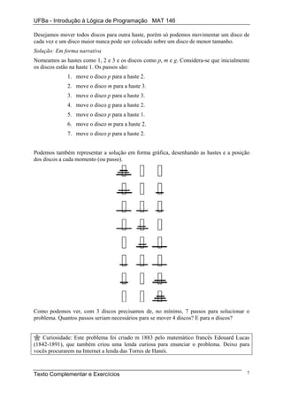 UFBa - Introdução à Lógica de Programação MAT 146

Desejamos mover todos discos para outra haste, porém só podemos movimentar um disco de
cada vez e um disco maior nunca pode ser colocado sobre um disco de menor tamanho.
Solução: Em forma narrativa
Nomeamos as hastes como 1, 2 e 3 e os discos como p, m e g. Considera-se que inicialmente
os discos estão na haste 1. Os passos são:
             1. move o disco p para a haste 2.
             2. move o disco m para a haste 3.
             3. move o disco p para a haste 3.
             4. move o disco g para a haste 2.
             5. move o disco p para a haste 1.
             6. move o disco m para a haste 2.
             7. move o disco p para a haste 2.


Podemos também representar a solução em forma gráfica, desenhando as hastes e a posição
dos discos a cada momento (ou passo).




Como podemos ver, com 3 discos precisamos de, no mínimo, 7 passos para solucionar o
problema. Quantos passos seriam necessários para se mover 4 discos? E para n discos?


   Curiosidade: Este problema foi criado m 1883 pelo matemático francês Edouard Lucas
(1842-1891), que também criou uma lenda curiosa para enunciar o problema. Deixo para
vocês procurarem na Internet a lenda das Torres de Hanói.



Texto Complementar e Exercícios                                                         7
 