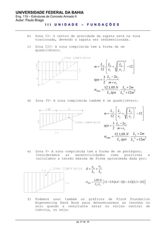 UNIVERSIDADE FEDERAL DA BAHIA
Eng. 119 – Estruturas de Concreto Armado II
Autor: Paulo Braga
I I I U N I D A D E – F U N D A Ç Õ E S
pg. 21 de 34
b) Zona II- O centro de gravidade da sapata está na zona
tracionada, devendo a sapata ser redimencionada.
c) Zona III- A zona comprimida tem a forma de um
quadrilátero.
2
. 12
12
x x x
x x
L L L
m
e e
 
       
 
23
.
2
y y
x
L e
tg
m e




max 2 2
212.1,05.
.
. 12
x
x x
L mN
L tg L m





d) Zona IV- A zona compirmida também é um quadrilétero.
2
. 12
12
y y y
y y
L L L
m
e e
 
       
   
23
.
2
x x
y
L e
tg
m e




max 2 2
212.1,05.
.
. 12
y
y y
L mN
L tg L m





e) Zona V- A zona comprimida tem a forma de um pentágono.
Consideramos as excentricidades como positivas e
calculamos a tensão máxima de forma aproximada dada por:
yx
x y
ee
L L
  
   max
1,05.
. 12 3,9. 6. 1 1 2. 2,3 2
.x y
N
L L
         
f) Podemos usar também os gráficos de Plock Foundation
Engeneering Hand Book para determinarmos as tensões no
solo quando a resultante estar no núcleo central de
inércia, ou seja:
 