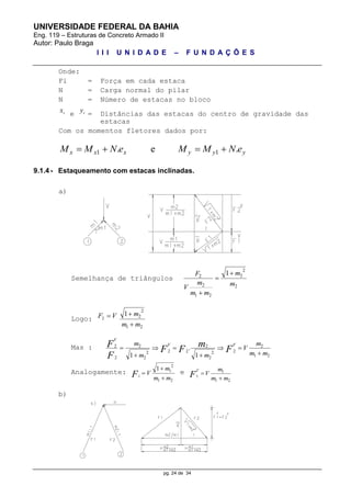 UNIVERSIDADE FEDERAL DA BAHIA
Eng. 119 – Estruturas de Concreto Armado II
Autor: Paulo Braga
I I I U N I D A D E – F U N D A Ç Õ E S
pg. 24 de 34
Onde:
Fi = Força em cada estaca
N = Carga normal do pilar
N = Número de estacas no bloco
ix e iy = Distâncias das estacas do centro de gravidade das
estacas
Com os momentos fletores dados por:
yyyxxx eNMMeNMM .e. 11 
9.1.4 - Estaqueamento com estacas inclinadas.
a)
Semelhança de triângulos
2
2
2
21
2
2 1
m
m
mm
m
V
F 


Logo: VF 2
21
2
21
mm
m


Mas :
21
2
22
2
2
222
2
2
2
2
1
.
1 mm
m
V
mm
m
F
m
FF
F
F VV
V






Analogamente:
21
2
11
mm
m
VFi


 e
21
1
1
mm
m
VF
V


b)
 