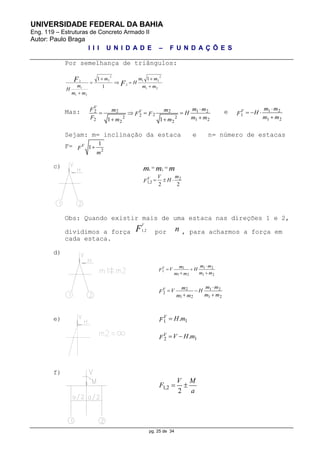 UNIVERSIDADE FEDERAL DA BAHIA
Eng. 119 – Estruturas de Concreto Armado II
Autor: Paulo Braga
I I I U N I D A D E – F U N D A Ç Õ E S
pg. 25 de 34
Por semelhança de triângulos:
21
2
21
2
2
2
21
1
2
1
1
1
mm
mm
H
m
mm
m
H
F
F






Mas: 2 22 1 2
222 2
2 1 22 21 1
V
V m mF m m
HF F
F m mm m

   
 
e 1 2
1
1 2
V m m
HF
m m

  

Sejam: m= inclinação da estaca e n= número de estacas
F=
2
1
1V
F
m

c) mmm  21
2
1,2
2 2
V mV
HF   
Obs: Quando existir mais de uma estaca nas direções 1 e 2,
dividimos a força F
V
2,1
por n , para acharmos a força em
cada estaca.
d)
1 1 2
1
1 2 1 2
V m mm
V HF
m mm m

 
 
2 1 2
2
1 2 1 2
V m mm
V HF
m mm m

 
 
e) 11 .V H mF 
12 .V V H mF  
f)
1,2
2
V M
F
a
 
 