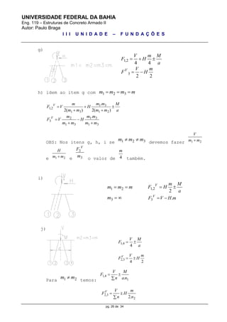 UNIVERSIDADE FEDERAL DA BAHIA
Eng. 119 – Estruturas de Concreto Armado II
Autor: Paulo Braga
I I I U N I D A D E – F U N D A Ç Õ E S
pg. 26 de 34
g)
1,2
4 4
V m M
F H
a
  
3
2 2
V V m
F H 
h) idem ao item g com 1 2 3m m m m  
1 3
1,2
1 3 1 2
.
2( ) 2( )
V m mm M
F V H
m m m m a
  
 
1 32
3
1 3 1 3
.V m mm
F V H
m m m m
 
 
OBS: Nos itens g, h, i se 1 2 3m m m  devemos fazer 1 2
V
m m
e 1 2
H
m m e
3
3
V
F
m o valor de 4
m
também.
i)
1 2m m m  1,2
2
V m M
F H
a
 
3m   3 .V
F V H m 
j)
1,4
4
V M
F
a
 
2,3
4 2
V V m
F H 
Para 1 2m m temos:
1,4
1.
V M
F
n a n
 

2,3
22.
V V m
F H
n n
 

 