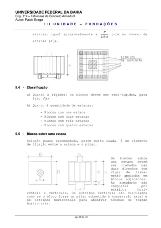 UNIVERSIDADE FEDERAL DA BAHIA
Eng. 119 – Estruturas de Concreto Armado II
Autor: Paulo Braga
I I I U N I D A D E – F U N D A Ç Õ E S
pg. 28 de 34
estacas) igual aproximadamente a
1,5
P
n
onde n= número de
estacas ( 3) .
9.4 - Classificação:
a) Quanto à rigidez: os blocos devem ser semi-rígidos, para
isso d e
b) Quanto à quantidade de estacas:
- Blocos com uma estaca
- Blocos com duas estacas
- Blocos com três estacas
- Blocos com quatro estacas
9.5 - Blocos sobre uma estaca
Solução pouco recomendada, porém muito usada. É um elemento
de ligação entre a estaca e o pilar.
Os blocos sobre
uma estaca devem
ser travados nas
duas direções com
vigas de trava-
mento apoiadas em
blocos adjacentes.
As armaduras são
compostas por
estribos hori-
zontais e verticais. Os estribos verticais são calculados
como se o bloco fosse um pilar submetido à compressão axial e
os estribos horizontais para absorver tensões de tração
horizontais.
 
