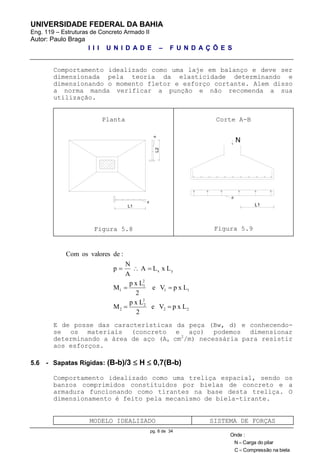 UNIVERSIDADE FEDERAL DA BAHIA
Eng. 119 – Estruturas de Concreto Armado II
Autor: Paulo Braga
I I I U N I D A D E – F U N D A Ç Õ E S
pg. 8 de 34
Comportamento idealizado como uma laje em balanço e deve ser
dimensionada pela teoria da elasticidade determinando e
dimensionando o momento fletor e esforço cortante. Alem disso
a norma manda verificar a punção e não recomenda a sua
utilização.
Planta
L2
L1
p
p
Figura 5.8
Corte A-B
L1
p
N
Figura 5.9
22
2
2
2
11
2
1
1
yx
LxpVe
2
Lxp
M
LxpVe
2
Lxp
M
LxLA
A
N
p
:devaloresosCom



E de posse das características da peça (Bw, d) e conhecendo-
se os materiais (concreto e aço) podemos dimensionar
determinando a área de aço (As cm2
/m) necessária para resistir
aos esforços.
5.6 - Sapatas Rígidas: (B-b)/3  H  0,7(B-b)
Comportamento idealizado como uma treliça espacial, sendo os
banzos comprimidos constituídos por bielas de concreto e a
armadura funcionando como tirantes na base desta treliça. O
dimensionamento é feito pela mecanismo de biela-tirante.
MODELO IDEALIZADO SISTEMA DE FORÇAS
bielanaCompressãoC
pilardoCargaN
:Onde


 