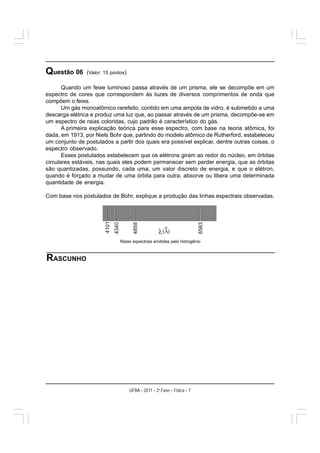Questão 06      (Valor: 15 pontos)

       Quando um feixe luminoso passa através de um prisma, ele se decompõe em um
espectro de cores que correspondem às luzes de diversos comprimentos de onda que
compõem o feixe.
       Um gás monoatômico rarefeito, contido em uma ampola de vidro, é submetido a uma
descarga elétrica e produz uma luz que, ao passar através de um prisma, decompõe-se em
um espectro de raias coloridas, cujo padrão é característico do gás.
       A primeira explicação teórica para esse espectro, com base na teoria atômica, foi
dada, em 1913, por Niels Bohr que, partindo do modelo atômico de Rutherford, estabeleceu
um conjunto de postulados a partir dos quais era possível explicar, dentre outras coisas, o
espectro observado.
       Esses postulados estabelecem que os elétrons giram ao redor do núcleo, em órbitas
circulares estáveis, nas quais eles podem permanecer sem perder energia, que as órbitas
são quantizadas, possuindo, cada uma, um valor discreto de energia, e que o elétron,
quando é forçado a mudar de uma órbita para outra, absorve ou libera uma determinada
quantidade de energia.

Com base nos postulados de Bohr, explique a produção das linhas espectrais observadas.




                                                        o


                               Raias espectrais emitidas pelo hidrogênio



RASCUNHO




                                     UFBA – 2011 – 2a Fase – Física – 7
 