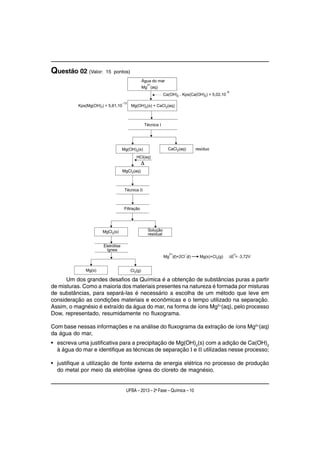 Questão 02 (Valor:    15 pontos)




      Um dos grandes desafios da Química é a obtenção de substâncias puras a partir
de misturas. Como a maioria dos materiais presentes na natureza é formada por misturas
de substâncias, para separá-las é necessário a escolha de um método que leve em
consideração as condições materiais e econômicas e o tempo utilizado na separação.
Assim, o magnésio é extraído da água do mar, na forma de íons Mg2+(aq), pelo processo
Dow, representado, resumidamente no fluxograma.

Com base nessas informações e na análise do fluxograma da extração de íons Mg2+(aq)
da água do mar,
• escreva uma justificativa para a precipitação de Mg(OH)2(s) com a adição de Ca(OH)2
  à água do mar e identifique as técnicas de separação I e II utilizadas nesse processo;

• justifique a utilização de fonte externa de energia elétrica no processo de produção
  do metal por meio da eletrólise ígnea do cloreto de magnésio.


                              UFBA – 2013 – 2a Fase – Química – 10
 