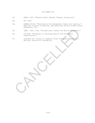 8-24
MIL-HDBK-1191
8o. ASTM C 665, "Mineral-Fiber Blanket Thermal Insulation".
8p. Not used.
8q. ASHRAE 62-89, "Ventilation For Acceptable Indoor Air Quality,"
American Society of Heating, Refrigerating and Air-Conditioning
Engineers, Inc.
8r. OSHA - Part 1910, "Occupational Safety and Health Standards."
8s. CDC-NIH, "Biosafety in Microbiological and Biomedical
Laboratories."
8t. Standard 49, "Class II (Laminar Flow) Biohazard Cabinetry",
National Sanitation Foundation.
C
AN
C
ELLED
 