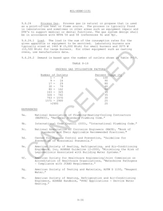 MIL-HDBK-1191
9-34
9.6.24 Process Gas. Process gas is natural or propane that is used
as a point-of-use heat or flame source. The process is typically found
in laboratories and sometimes in other areas such as equipment repair and
DTR's to support medical or dental functions. The gas system design shall
be in accordance with NFPA 54 and 58 (references 9o and 9p).
9.6.24.1 Load. The load is the sum of the consumption rates for the
given apparatus or equipment to be serviced. Laboratory burners are
typically sized at 1465 W (5,000 Btuh) for small burners and 3075 W
(10,500 Btuh) for large burners. For other equipment such as casting
ovens, use manufacturers data.
9.6.24.2 Demand is based upon the number of outlets shown in Table 9-19.
TABLE 9-19
PROCESS GAS UTILIZATION FACTORS
Number of Outlets Percent Usage (%)
1 - 8 100
9 - 16 90
17 - 29 80
30 - 79 60
80 - 162 50
163 - 325 40
326 - 742 35
743 - 1570 30
1571 - 2900 25
>2900 20
REFERENCES
9a. National Association of Plumbing-Heating-Cooling Contractors
(NAPHCC), “National Standard Plumbing Code.”
9b. International Code Council (ICC), “International Plumbing Code.”
9c. National Association of Corrosion Engineers (NACE), "Book of
Standards and Their Applicable Recommended Practices."
9d. Center for Disease Control and Prevention, “Guideline for
Prevention of Nosocomial Pneumonia.”
9e. American Society of Heating, Refrigerating, and Air-Conditioning
Engineers, Inc, ASHRAE Guideline 12-2000, “Minimizing the Risk of
Legionellosis Associated with Building Water Systems.”
9f. American Society for Healthcare Engineering/Joint Commission on
Accreditation of Healthcare Organizations, “Waterborne Pathogens
– Compliance with JCAHO Requirements.”
9g. American Society of Testing and Materials, ASTM D 1193, “Reagent
Water.”
9h. American Society of Heating, Refrigeration and Air-Conditioning
Engineers, ASHRAE Handbook, “HVAC Applications - Service Water
Heating.”
C
AN
C
ELLED
 