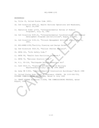 MIL-HDBK-1191
1-13
REFERENCES
1a. Title 10, United States Code (USC).
1b. DoD Directive 6000.12, Health Services Operations and Readiness,
April 29,1996
1c. Executive Order 12372, "Intergovernmental Review of Federal
Programs", July 14, 1982
1d. DoD Directive 4165.61, "Intergovernmental Coordination of DoD Federal
Development Programs and Activities", August 9, 1983.
1e. DoD Directive 5136.12, "Tricare Management Activity (TMA)," May 31,
2001.
1f. MIL-HDBK-1190,"Facility Planning and Design Guide".
1g. DoD Directive 3020.35, "Fallout Shelter Analysis".
1h. NFPA 101, "Life Safety Code."
1i. NFPA 99, "Health Care Facilities Handbook."
1j. NFPA 70, "National Electric Code."
1k. P.L. 95-124, "Earthquake Hazards Reduction Act"
1l. DoDI 6015.17, “Planning and Execution of Military
HealthcarFacilities,” May 4, 1995 DRAFT
1m. Army TM 5-852, "Arctic/Subarctic Construction Buildings," March 1988
1n. United States Army Corps of Engineers (USACE) ER 1110-345-723,
SYSTEMS COMMISSIONING PROCEDURES, dated 31 July 1995
1o. DRAFT ASHRAE Guideline 0-200X, THE COMMISSIONING PROCESS, dated
August, 2002
C
AN
C
ELLED
 