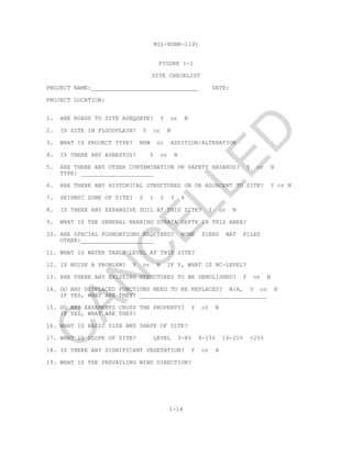 MIL-HDBK-1191
1-14
FIGURE 1-1
SITE CHECKLIST
PROJECT NAME: DATE:
PROJECT LOCATION:
1. ARE ROADS TO SITE ADEQUATE? Y or N
2. IS SITE IN FLOODPLAIN? Y or N
3. WHAT IS PROJECT TYPE? NEW or ADDITION/ALTERATION
4. IS THERE ANY ASBESTOS? Y or N
5. ARE THERE ANY OTHER CONTAMINATION OR SAFETY HAZARDS? Y or N
TYPE: _____________________
6. ARE THERE ANY HISTORICAL STRUCTURES ON OR ADJACENT TO SITE? Y or N
7. SEISMIC ZONE OF SITE? 0 1 2 3 4
8. IS THERE ANY EXPANSIVE SOIL AT THIS SITE? Y or N
9. WHAT IS THE GENERAL BEARING STRATA DEPTH IN THIS AREA?
10. ARE SPECIAL FOUNDATIONS REQUIRED? NONE PIERS MAT PILES
OTHER: ____________________
11. WHAT IS WATER TABLE LEVEL AT THIS SITE?
12. IS NOISE A PROBLEM? Y or N IF Y, WHAT IS NC-LEVEL?
13. ARE THERE ANY EXISTING STRUCTURES TO BE DEMOLISHED? Y or N
14. DO ANY DISPLACED FUNCTIONS NEED TO BE REPLACED? N/A, Y or N
IF YES, WHAT ARE THEY? _____________________________________
15. DO ANY EASEMENTS CROSS THE PROPERTY? Y or N
IF YES, WHAT ARE THEY?
16. WHAT IS BASIC SIZE AND SHAPE OF SITE?
17. WHAT IS SLOPE OF SITE? LEVEL 3-8% 9-15% 16-25% >25%
18. IS THERE ANY SIGNIFICANT VEGETATION? Y or N
19. WHAT IS THE PREVAILING WIND DIRECTION?
C
AN
C
ELLED
 