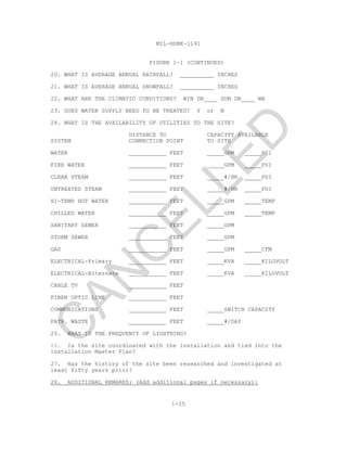 MIL-HDBK-1191
1-15
FIGURE 1-1 (CONTINUED)
20. WHAT IS AVERAGE ANNUAL RAINFALL? INCHES
21. WHAT IS AVERAGE ANNUAL SNOWFALL? INCHES
22. WHAT ARE THE CLIMATIC CONDITIONS? WIN DB SUM DB WB
23. DOES WATER SUPPLY NEED TO BE TREATED? Y or N
24. WHAT IS THE AVAILABILITY OF UTILITIES TO THE SITE?
DISTANCE TO CAPACITY AVAILABLE
SYSTEM CONNECTION POINT TO SITE
WATER FEET GPM PSI
FIRE WATER FEET _____GPM PSI
CLEAN STEAM ___________ FEET #/HR PSI
UNTREATED STEAM FEET #/HR PSI
HI-TEMP HOT WATER FEET GPM TEMP
CHILLED WATER FEET GPM TEMP
SANITARY SEWER FEET GPM
STORM SEWER FEET GPM
GAS FEET GPM CFM
ELECTRICAL-Primary FEET KVA KILOVOLT
ELECTRICAL-Alternate ___________ FEET _____KVA _____KILOVOLT
CABLE TV FEET
FIBER OPTIC LINE ___________ FEET
COMMUNICATIONS FEET SWITCH CAPACITY
PATH. WASTE FEET #/DAY
25. WHAT IS THE FREQUENCY OF LIGHTNING?
26. Is the site coordinated with the installation and tied into the
installation Master Plan?
27. Has the history of the site been researched and investigated at
least fifty years prior?
28. ADDITIONAL REMARKS: (Add additional pages if necessary):
C
AN
C
ELLED
 