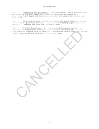 MIL-HDBK-1191
18-4
18.3.3.1 Dimensions and Arrangement. The dock height, depth and apron are
determined by the WMS, based upon such considerations as soiled dock
activities, truck types and dimensions, and cart and personnel movement and
circulation.
18.3.3.2 Personnel Access. Appropriate stairs and ramps shall be required
to facilitate personnel movement, including accessibility requirements (see
Section 12), between the dock and the ground level.
18.3.3.3 Weather Protection. In locations of intemperate climate, ie.,
high wind, or temperature extremes, enclosed docks are required. In other
areas where an outside dock is adequate, a protective canopy shall be provided
to shield personnel and materials from rain or snow.
C
AN
C
ELLED
 