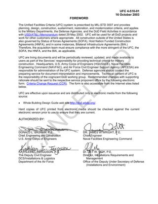 UFC 4-510-01
16 October 2003
FOREWORD
The Unified Facilities Criteria (UFC) system is prescribed by MIL-STD 3007 and provides
planning, design, construction, sustainment, restoration, and modernization criteria, and applies
to the Military Departments, the Defense Agencies, and the DoD Field Activities in accordance
with USD(AT&L) Memorandum dated 29 May 2002. UFC will be used for all DoD projects and
work for other customers where appropriate. All construction outside of the United States is
also governed by Status of forces Agreements (SOFA), Host Nation Funded Construction
Agreements (HNFA), and in some instances, Bilateral Infrastructure Agreements (BIA.)
Therefore, the acquisition team must ensure compliance with the more stringent of the UFC, the
SOFA, the HNFA, and the BIA, as applicable.
UFC are living documents and will be periodically reviewed, updated, and made available to
users as part of the Services’ responsibility for providing technical criteria for military
construction. Headquarters, U.S. Army Corps of Engineers (HQUSACE), Naval Facilities
Engineering Command (NAVFAC), and Air Force Civil Engineer Support Agency (AFCESA) are
responsible for administration of the UFC system. Defense agencies should contact the
preparing service for document interpretation and improvements. Technical content of UFC is
the responsibility of the cognizant DoD working group. Recommended changes with supporting
rationale should be sent to the respective service proponent office by the following electronic
form: Criteria Change Request (CCR). The form is also accessible from the Internet sites listed
below.
UFC are effective upon issuance and are distributed only in electronic media from the following
source:
• Whole Building Design Guide web site http://dod.wbdg.org/.
Hard copies of UFC printed from electronic media should be checked against the current
electronic version prior to use to ensure that they are current.
AUTHORIZED BY:
______________________________________
DONALD L. BASHAM, P.E.
Chief, Engineering and Construction
U.S. Army Corps of Engineers
______________________________________
DR. JAMES W WRIGHT, P.E.
Chief Engineer
Naval Facilities Engineering Command
______________________________________
KATHLEEN I. FERGUSON, P.E.
The Deputy Civil Engineer
DCS/Installations & Logistics
Department of the Air Force
______________________________________
Dr. GET W. MOY, P.E.
Director, Installations Requirements and
Management
Office of the Deputy Under Secretary of Defense
(Installations and Environment)
C
AN
C
ELLED
 