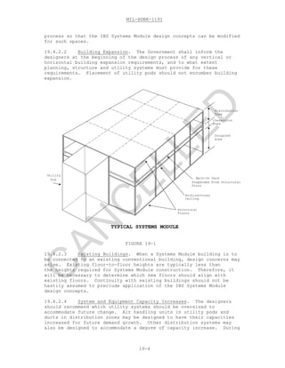 MIL-HDBK-1191
19-4
process so that the IBS Systems Module design concepts can be modified
for such spaces.
19.4.2.2 Building Expansion. The Government shall inform the
designers at the beginning of the design process of any vertical or
horizontal building expansion requirements, and to what extent
planning, structure and utility systems must provide for these
requirements. Placement of utility pods should not encumber building
expansion.
TYPICAL SYSTEMS MODULE
Utility
Pod
Structural
Floors
Architectural
Ceiling
Walk-On Deck
Suspended From Structural
Floor
Distribution
Zone
Connection
Zone
Occupied
Zone
FIGURE 19-1
19.4.2.3 Existing Buildings. When a Systems Module building is to
be connected to an existing conventional building, design concerns may
arise. Existing floor-to-floor heights are typically less than
the heights required for Systems Module construction. Therefore, it
will be necessary to determine which new floors should align with
existing floors. Continuity with existing buildings should not be
hastily assumed to preclude application of the IBS Systems Module
design concepts.
19.4.2.4 System and Equipment Capacity Increases. The designers
should recommend which utility systems should be oversized to
accommodate future change. Air handling units in utility pods and
ducts in distribution zones may be designed to have their capacities
increased for future demand growth. Other distribution systems may
also be designed to accommodate a degree of capacity increase. During
C
AN
C
ELLED
 