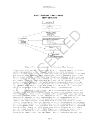 MIL-HDBK-1191
22-3
CONVENTIONAL FOOD SERVICE
FLOW DIAGRAM
RECEIVING
STORAGE
Freezer, Refrigerator, Room Temperature
PREPROCESSING
Vegetable Processing
Meat Processing
Ingredient Procesing
PREPARATION & ASSEMBLY
Cooking Center
Baking Center
Nourishment Center
Final Assembly & Preportioning Center
SERVICE
Cafeteria Serving Line
Tray Assembly
CUSTOMER
Patients
Staff, Military Personnel, Guests
SANITATION
CENTER
Warewashing
Pot Washing
Figure 22-1: Conventional Food Service Flow Diagram
Conventional Food Systems are equipped with full service bakery, salad and
sandwich preparation areas. Current studies show that temperature
controlled cold rooms (50 F) are ideal for preparing cold salads, sandwiches
and breaking down meat into meal quantities. Hazard Analysis and Critical
Control Point (HACCP) studies show that food borne illness is decreased due
to the increase of food safety created by the refrigerated food preparation
environment. Butcher shops complete with meat saw and grinder, are not
needed in most facilities. The salad/sandwich preparation area should be
designed so that finished food products can be moved easily into a walk-in
refrigerator that safely stores the items at or below 40 F. Coordinate
table top equipment items with specific facility requirements.
22.6 CONVENIENCE FOOD SYSTEM. With a convenience system almost all
foods utilized are fully prepared foods purchased from outside sources and
properly stored. Some in-house cooking and/or preparation will supplement
purchased prepared foods (salads, vegetables, etc.). The prepared foods are
subsequently brought to their appropriate serving temperatures on the
premises as near to meal times as possible and maintained at these
temperatures until served. Today many food services are using different
forms of convenience foods that require extensive rethermalization equipment
units that also double as a holding unit, thereby increasing the flexibility
of the equipment item. Refrigeration and freezer space is also an important
consideration. Space for these units should be calculated at 0.014 cubic
meter per meal served per day. This figure also depends on prime vendor
delivery and should be significantly increased if deliveries are not
scheduled at least three times per week. Material handling equipment and
C
AN
C
ELLED
 