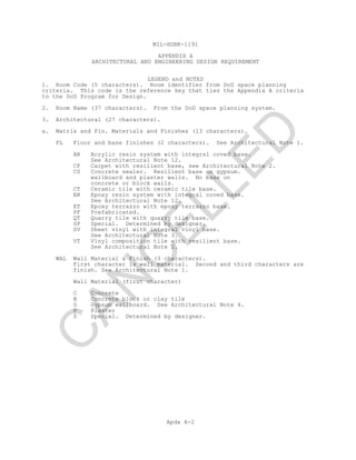 MIL-HDBK-1191
APPENDIX A
ARCHITECTURAL AND ENGINEERING DESIGN REQUIREMENT
LEGEND and NOTES
Apdx A-2
1. Room Code (5 characters). Room identifier from DoD space planning
criteria. This code is the reference key that ties the Appendix A criteria
to the DoD Program for Design.
2. Room Name (37 characters). From the DoD space planning system.
3. Architectural (27 characters).
a. Matrls and Fin. Materials and Finishes (13 characters).
FL Floor and base finishes (2 characters). See Architectural Note 1.
AR Acrylic resin system with integral coved base.
See Architectural Note 12.
CP Carpet with resilient base, see Architectural Note 2.
CS Concrete sealer. Resilient base on gypsum.
wallboard and plaster walls. No base on
concrete or block walls.
CT Ceramic tile with ceramic tile base.
ER Epoxy resin system with integral coved base.
See Architectural Note 12.
ET Epoxy terrazzo with epoxy terrazzo base.
PF Prefabricated.
QT Quarry tile with quarry tile base.
SP Special. Determined by designer.
SV Sheet vinyl with integral vinyl base.
See Architectural Note 3.
VT Vinyl composition tile with resilient base.
See Architectural Note 2.
WAL Wall Material & Finish (3 characters).
First character is wall material. Second and third characters are
finish. See Architectural Note 1.
Wall Material (first character)
C Concrete
B Concrete block or clay tile
G Gypsum wallboard. See Architectural Note 4.
P Plaster
S Special. Determined by designer.
C
AN
C
ELLED
 