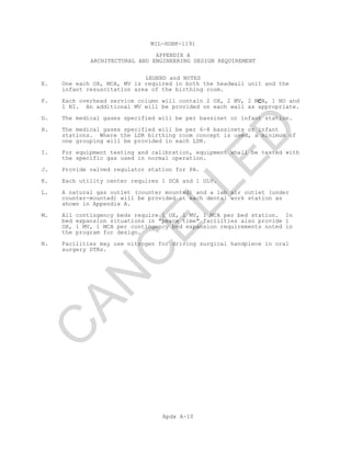 MIL-HDBK-1191
APPENDIX A
ARCHITECTURAL AND ENGINEERING DESIGN REQUIREMENT
LEGEND and NOTES
Apdx A-10
E. One each OX, MCA, MV is required in both the headwall unit and the
infant resuscitation area of the birthing room.
F. Each overhead service column will contain 2 OX, 2 MV, 2 MCA, 1 NO and
1 NI. An additional MV will be provided on each wall as appropriate.
G. The medical gases specified will be per bassinet or infant station.
H. The medical gases specified will be per 6-8 bassinets or infant
stations. Where the LDR birthing room concept is used, a minimum of
one grouping will be provided in each LDR.
I. For equipment testing and calibration, equipment shall be tested with
the specific gas used in normal operation.
J. Provide valved regulator station for PA.
K. Each utility center requires 1 DCA and 1 DLV.
L. A natural gas outlet (counter mounted) and a lab air outlet (under
counter-mounted) will be provided at each dental work station as
shown in Appendix A.
M. All contingency beds require 1 OX, 1 MV, 1 MCA per bed station. In
bed expansion situations in "peace time" facilities also provide 1
OX, 1 MV, 1 MCA per contingency bed expansion requirements noted in
the program for design.
N. Facilities may use nitrogen for driving surgical handpiece in oral
surgery DTRs.
C
AN
C
ELLED
 