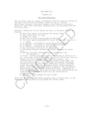 MIL-HDBK-1191
FIGURE 2-6
NET AREA TABULATION
The net floor area of a space is measured from the interior surface of
the walls that enclose the space. Exterior walls, interior
partitions, columns, structural members, and internal circulation
space for other than individual occupancy(ies) are excluded from the
net floor area.
Provide a tabulation of net areas, by room, in thirteen columns as
follows:
a) Room Code Number From Program For Design (PFD),
b) Functional title of room,
c) Number of rooms,
d) Net area of room from Program For Design,
e) Total net space programmed for rooms [Product of cols.(c) x
(d)],
f) If Add/Alt - allocated to unaltered existing space,
g) If Add/Alt - allocated to altered existing space,
h) If Add/Alt - allocated to new space,
i) Net individual room areas as designed,
j) Difference between program and design [columns (i) minus
(d)],
k) Percent variation between program and design [cols
(j)/(d)x100%],
l) Notes. Provide justification if the deviation listed in k)
is more than 10 percent. Rooms of 4.65 m2
(50 ft2
) or less are
exempt from the 10 percent justification process. The
justification is to indicate why the deviation was made, not
just who authorized it. As a minimum, the spaces considered
irreducible are Operating Rooms, Examination Rooms, Treatment
Rooms, Provider's Offices, Emergency Rooms, Dental Treatment
Rooms, Labor Rooms, Delivery Rooms, Diagnostic and Therapeutic
Radiology Rooms, and Patient Bedrooms/Toilets. Depending on
function and mission, there may be other rooms identified by the
using Military Department which will be identified as
irreducible, and,
m) Provide a total summary of each column.
After the above is accomplished, prepare a Net to Gross ratio in the
same format as provided in the Program For Design (PFD).
2-15
C
AN
C
ELLED
 