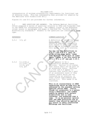 MIL-HDBK-1191
Apdx D-2
interpretation of minimum accessibility requirements for functional use
of dressing rooms. This has subsequently been provided for adoption by
the Americans with Disabilities Act.)
Figures D-1 and D-2 are provided for further information.
D.3 DMFO QUESTIONS AND ANSWERS. The Defense Medical Facilities
Office prepared a series of questions relative to UFAS and forwarded them
to the ATBCB for interpretations. The numbers listed in the Reference
column relate to paragraphs and pages in Fed-Std-795, "Uniform Federal
Accessibility Standards." Answers to the questions are indicated in bold
type.
REFERENCE COMMENT/QUESTION
D.3.1 3.5, p3 A definition is needed for clear
floor space. The definition
should be explicit, especially
with regard to wall hung items
which may be allowed to overlap
this space, such as a lavatory.
You may use the definitions in
4.2.4.1 and 4.2.4.2, part of
which allows knee space "under
some objects" to be part of clear
space - under a lav this would be
29"h x 30"w x 19" max per 4.19.3.
D.3.2 4.1.2(4),&
4.1.2(5), p5
4.3.8, p19
4.9, p27
There appears to be a
contradiction between these
sections. Section 4.3.8 states
that stairs shall not be part of
an accessible route. Sections
4.1.2(4) and 4.9 appear to
indicate that stairs are a part
of an accessible route if they
connect levels which are not
connected by an elevator, or
other states requirements per
section 4.1. This needs to be
clarified.
This is an inconsistency in UFAS
terminology which we hope will be
addressed as the standard setting
agencies revise UFAS. Stairs,
though not accessible to a person
using a wheelchair, are indeed
usable by people with certain
disabilities and in some
instances, are preferred over a
ramp. It is my personal opinion
that the UFAS provisions are so
helpful they should be applied to
all stairs in newly constructed
buildings and facilities.
C
AN
C
ELLED
 