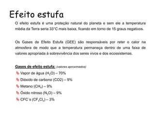 Efeito estufa
O efeito estufa é uma proteção natural do planeta e sem ele a temperatura
média da Terra seria 33°C mais baixa, ficando em torno de 15 graus negativos.
Os Gases de Efeito Estufa (GEE) são responsáveis por reter o calor na
atmosfera de modo que a temperatura permaneça dentro de uma faixa de
valores apropriada à sobrevivência dos seres vivos e dos ecossistemas.
Gases de efeito estufa: (valores aproximados)
 Vapor de água (H2O) – 70%
 Dióxido de carbono (CO2) – 9%
 Metano (CH4) – 9%
 Óxido nitroso (N2O) – 9%
 CFC´s (CFxClx) – 3%
 
