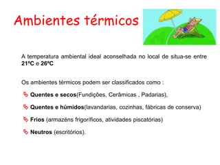Ambientes térmicos
A temperatura ambiental ideal aconselhada no local de situa-se entre
21ºC e 26ºC
Os ambientes térmicos podem ser classificados como :
 Quentes e secos(Fundições, Cerâmicas , Padarias),
 Quentes e húmidos(lavandarias, cozinhas, fábricas de conserva)
 Frios (armazéns frigoríficos, atividades piscatórias)
 Neutros (escritórios).
 