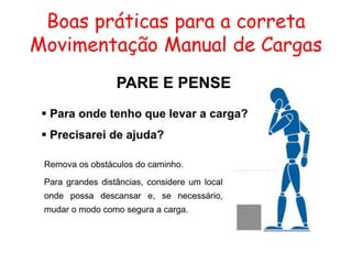 Boas práticas para a correta
Movimentação Manual de Cargas
 