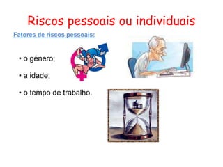 Riscos pessoais ou individuais
Fatores de riscos pessoais:
 