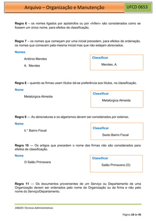 UFCD 0653
Arquivo – Organização e Manutenção
346035 Técnicos Administrativos
Página 18 de 45
Regra 6 – os nomes ligados por apóstrofos ou por «hífen» são considerados como se
fossem um único nome, para efeitos de classificação.
Regra 7 – os nomes que começam por uma inicial precedem, para efeitos de ordenação,
os nomes que comecem pela mesma inicial mas que não estejam abreviados.
Nomes
António Mendes
A. Mendes
Regra 8 – quando as firmas usam títulos dá-se preferência aos títulos, na classificação.
Nome
Metalúrgica Almeida
Regra 9 — As abreviaturas e os algarismos devem ser considerados por extenso.
Nome
6.° Bairro Fiscal
Regra 10 — Os artigos que precedem o nome das firmas não são considerados para
efeitos de classificação.
Nome
O Salão Primavera
Regra 11 — Os documentos provenientes de um Serviço ou Departamento de uma
Organização devem ser ordenados pelo nome da Organização ou da firma e não pelo
nome do Serviço/Departamento.
Classificar
Salão Primavera (O)
Classificar
Sexto Bairro Fiscal
Classificar
Metalúrgica Almeida
Classificar
Mendes, A.
 