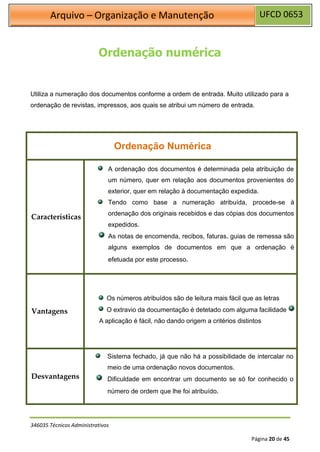 UFCD 0653
Arquivo – Organização e Manutenção
346035 Técnicos Administrativos
Página 20 de 45
Ordenação numérica
Utiliza a numeração dos documentos conforme a ordem de entrada. Muito utilizado para a
ordenação de revistas, impressos, aos quais se atribui um número de entrada.
Ordenação Numérica
Características
A ordenação dos documentos é determinada pela atribuição de
um número, quer em relação aos documentos provenientes do
exterior, quer em relação à documentação expedida.
Tendo como base a numeração atribuída, procede-se à
ordenação dos originais recebidos e das cópias dos documentos
expedidos.
As notas de encomenda, recibos, faturas, guias de remessa são
alguns exemplos de documentos em que a ordenação é
efetuada por este processo.
Vantagens
Os números atribuídos são de leitura mais fácil que as letras
O extravio da documentação é detetado com alguma facilidade
A aplicação é fácil, não dando origem a critérios distintos
Desvantagens
Sistema fechado, já que não há a possibilidade de intercalar no
meio de uma ordenação novos documentos.
Dificuldade em encontrar um documento se só for conhecido o
número de ordem que lhe foi atribuído.
 