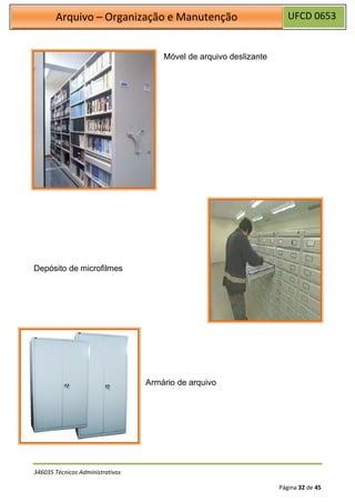 UFCD 0653
Arquivo – Organização e Manutenção
346035 Técnicos Administrativos
Página 32 de 45
Móvel de arquivo deslizante
Depósito de microfilmes
Armário de arquivo
 