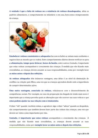 Página23 de 35
A verdade é que a falta de rotinas ou a existência de rotinas desadequadas, afeta os
padrões alimentares, o comportamento no infantário e em casa, bem como o temperamento
da criança.
Estabelecer rotinas consistentes e adequadas faz com os bebés se sintam mais confiantes e
seguros face ao mundo que os rodeia. Estes comportamentos diários devem verificar-se para
a alimentação, tempo para brincar, horas do banho, entre outros. Contudo, é importante
que estas rotinas acompanhem o crescimento das crianças. À medida que vão ficando mais
crescidinhas, as crianças devem assumir as suas responsabilidades, como por exemplo lavar
as mãos antes e depois das refeições.
As rotinas adequadas têm inúmeras vantagens, uma delas é ao nível da diminuição de
conflitos na relação pais-filhos, uma vez que as crianças aprendem desde cedo a importância
de cumprir determinadas ações.
Uma outra vantagem, associada às rotinas, relaciona-se com o desenvolvimento de
competências sociais. Por exemplo, no caso da preparação da chegada do irmão mais novo é
importante que a criança perceba quais as alterações que vão ocorrer nas suas rotinas e que
estas podem ajudar na sua relação com o irmãozinho.
O dizer “olá” quando recebem visitas, o agradecer algo e dizer “adeus” quando se despedem,
são comportamentos que também devem fazer parte das rotinas das crianças, uma vez que
devem ser vistos como importantes por elas.
Contudo, é importante que estas rotinas acompanhem o crescimento das crianças. À
medida que vão ficando mais crescidinhas, as crianças devem assumir as suas
responsabilidades, como por exemplo lavar as mãos antes e depois das refeições.
 