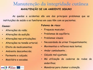Manutenção da integridade cutânea
MANUTENÇÃO DE UM AMBIENTE SEGURO
As quedas e acidentes são uns dos principais problemas que as
instituições de saúde e os familiares em casa têm com os pacientes.
Causas:
• Alterações da visão;
• Alterações da audição;
• Alterações nas articulações;
• Alterações na tensão arterial;
• Efeito de medicamentos;
• Ambiente desconhecido;
• Pavimento e calçado;
• Mobiliário e escadas.
Fatores de risco:
• Fraqueza muscular;
• Problemas de equilíbrio;
• Problemas visuais;
• Necessidade de urinar frequentemente;
• Movimentos e reflexos mais lentos;
• Andar cambaleante ;
• Calçado mal ajustado;
• Má utilização de cadeiras de rodas de
andarilhos;
• Manobras para chamar a atenção.
 