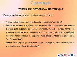 Cicatrização
Fatores sistémicos (fatores relacionados ao paciente)
• Faixa etária (a idade avançada diminui a resposta inflamatória);
• Estado nutricional (indivíduos mal nutridos têm dificuldade em formar
cicatriz pela ausência de certas proteínas, metais - zinco, ferro - e
vitaminas importantes – vitaminas A e C - para a síntese de colágeno;
hipoproteinemia diminui a resposta imunológica, síntese de colágenio e
função fagocítica);
• Estado imunológico (a imunidade baixa prolonga a fase inflamatória e
predispõe a ocorrência de infecções);
FATORES QUE PERTURBAM A CICATRIZAÇÃO
 