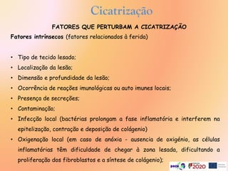 Cicatrização
Fatores intrínsecos (fatores relacionados à ferida)
• Tipo de tecido lesado;
• Localização da lesão;
• Dimensão e profundidade da lesão;
• Ocorrência de reações imunológicas ou auto imunes locais;
• Presença de secreções;
• Contaminação;
• Infecção local (bactérias prolongam a fase inflamatória e interferem na
epitelização, contração e deposição de colágenio)
• Oxigenação local (em caso de anóxia - ausencia de oxigénio, as células
inflamatórias têm dificuldade de chegar à zona lesada, dificultando a
proliferação dos fibroblastos e a síntese de colágenio);
FATORES QUE PERTURBAM A CICATRIZAÇÃO
 