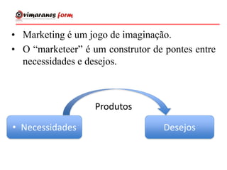 • Marketing é um jogo de imaginação.
• O “marketeer” é um construtor de pontes entre
necessidades e desejos.
• Necessidades Desejos
Produtos
 