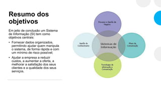 Resumo dos
objetivos
Em jeito de conclusão um Sistema
de Informação (SI) tem como
objetivos centrais:
• Fornecer dados organizados,
permitindo ajudar quem manipula
o sistema, de forma rápida e com
um mínimo de risco possível;
• Ajudar a empresa a reduzir
custos, a aumentar a oferta, a
melhorar a satisfação dos seus
clientes e a qualidade dos seus
serviços.
 