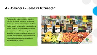 As Diferenças - Dados vs Informação
• As caixas dos supermercados registam
milhões de dados, tais como códigos de
barras que descrevem cada produto. Esses
dados podem ser somados e analisados, a
fim de fornecer informações significativas,
como o número total de detergentes
vendidos em determinada loja, as marcas
que são vendidas mais rapidamente ou a
quantidade total gasta naquela loja ou
ainda vendas por região.
 