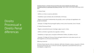 Direito
Processual e
Direito Penal
diferencas
O Direito Penal e o Direito Processual Penal são ramos distintos do direito, mas
complementares na aplicação da justiça criminal. Aqui estão as principais diferenças entre
eles:
1. Direito Penal
- Define os crimes e as penas aplicáveis.
- Estabelece quais condutas são consideradas criminosas.
- Regula os princípios fundamentais da punição, como o princípio da legalidade e da
proporcionalidade.
- Exemplo: O Código Penal português tipifica crimes como homicídio, furto e fraude.
2. Direito Processual Penal
- Regula o procedimento para investigar, julgar e punir crimes.
- Define os direitos e garantias dos arguidos e vítimas.
- Estabelece as regras para a atuação do Ministério Público, da defesa e do juiz.
- Exemplo: O Código de Processo Penal português determina como deve ocorrer um
interrogatório ou uma busca domiciliária.
Diferença essencial
O Direito Penal trata do crime em abstrato, definindo infrações e penas, enquanto o Direito
Processual Penal lida com o crime em concreto, regulando os procedimentos para sua
investigação e julgamento.
 