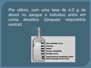  Por ultimo, com uma taxa de 4,0 g de
 álcool no sangue o individuo entra em
 coma alcoólico (bloqueio respiratório
 central)
 