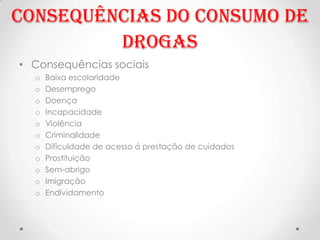 Consequências do consumo de
         Drogas
• Consequências sociais
  o   Baixa escolaridade
  o   Desemprego
  o   Doença
  o   Incapacidade
  o   Violência
  o   Criminalidade
  o   Dificuldade de acesso á prestação de cuidados
  o   Prostituição
  o   Sem-abrigo
  o   Imigração
  o   Endividamento
 