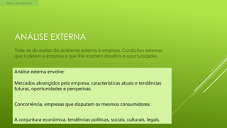 Meio envolvente

ANÁLISE EXTERNA
Trata-se de avaliar do ambiente externo à empresa. Condições externas
que rodeiam a empresa e que lhe impõem desafios e oportunidades.
Análise externa envolve:
Mercados abrangidos pela empresa, características atuais e tendências
futuras, oportunidades e perspetivas.
Concorrência, empresas que disputam os mesmos consumidores.
A conjuntura econômica, tendências políticas, sociais, culturais, legais.

 