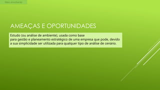 Meio envolvente

AMEAÇAS E OPORTUNIDADES
Estudo (ou análise de ambiente), usada como base
para gestão e planeamento estratégico de uma empresa que pode, devido
a sua simplicidade ser utilizada para qualquer tipo de análise de cenário.

 