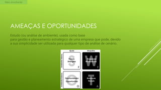 Meio envolvente

AMEAÇAS E OPORTUNIDADES
Estudo (ou análise de ambiente), usada como base
para gestão e planeamento estratégico de uma empresa que pode, devido
a sua simplicidade ser utilizada para qualquer tipo de análise de cenário.

 