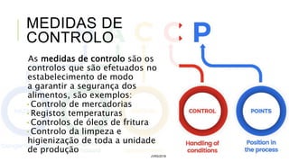 MEDIDAS DE
CONTROLO
As medidas de controlo são os
controlos que são efetuados no
estabelecimento de modo
a garantir a segurança dos
alimentos, são exemplos:
•Controlo de mercadorias
•Registos temperaturas
•Controlos de óleos de fritura
•Controlo da limpeza e
higienização de toda a unidade
de produção
JVRS/2018 33
 